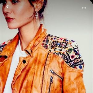 Free People Embellished Classic Biker Jacket - Embroidered Leather Jacket